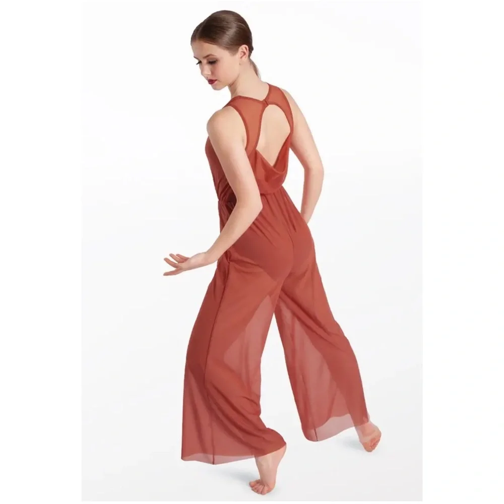 Balera Cowl Drape Power Mesh Jumpsuit Copper LC Contemporary Costume